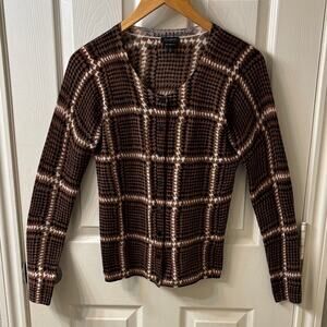 Talbot's Brown, Black Preppy Plaid Long Sleeve button up cardigan XS Merino Wool